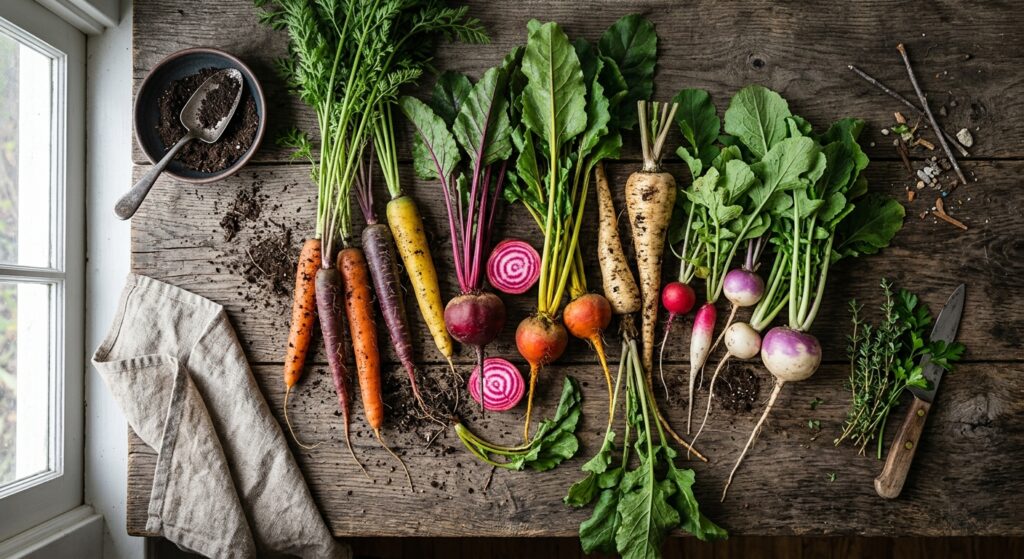 A professional editorial-style flat lay of fresh, colorful heirloom root vegetables like carrots, be
