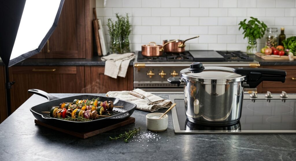 A high-end editorial kitchen setting featuring a sleek cast-iron grill pan and a modern stainless st