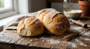 A professional, editorial-style close-up of fluffy homemade golden-brown bread rolls resting on a ru