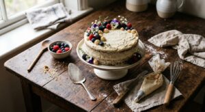 A high-angle, professional editorial shot of a beautifully decorated homemade cake on a rustic woode