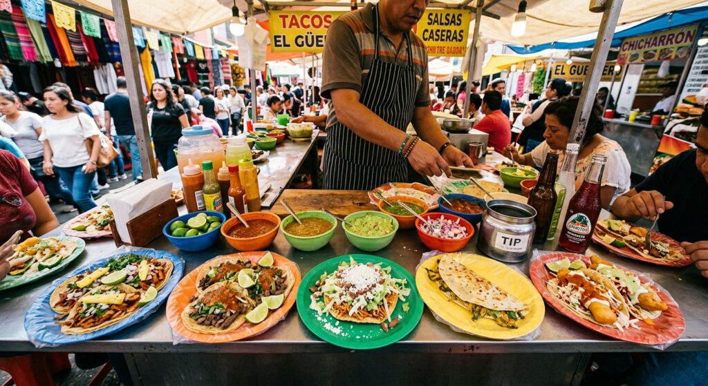 A vibrant, high-angle editorial shot of assorted authentic Mexican street food served on colorful pa