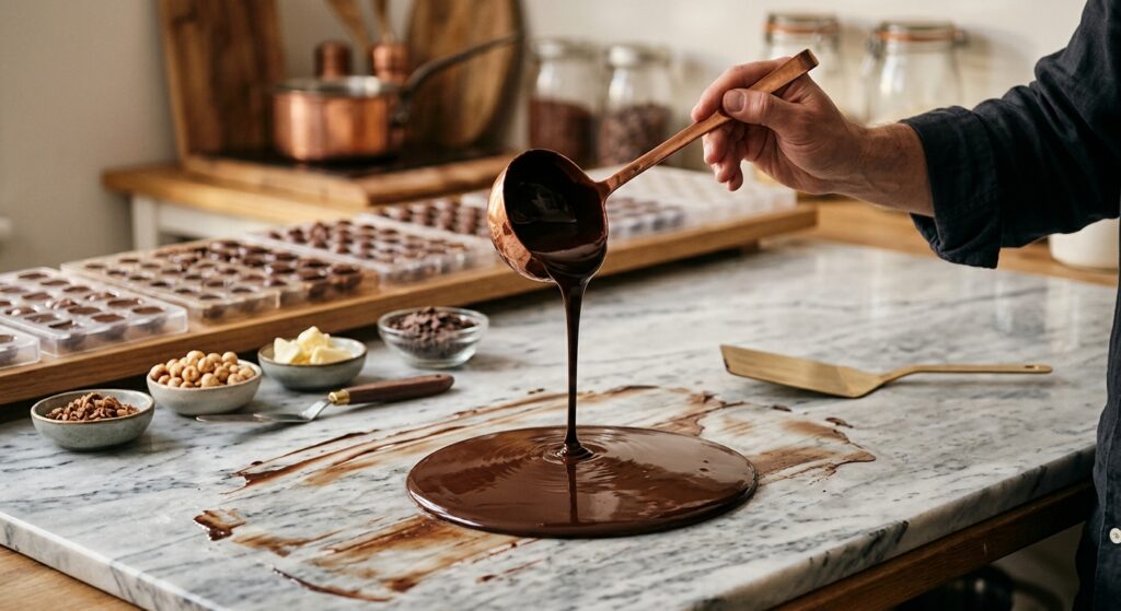 A professional editorial-style shot of glossy, perfectly tempered melted chocolate being poured over