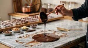 A professional editorial-style shot of glossy, perfectly tempered melted chocolate being poured over