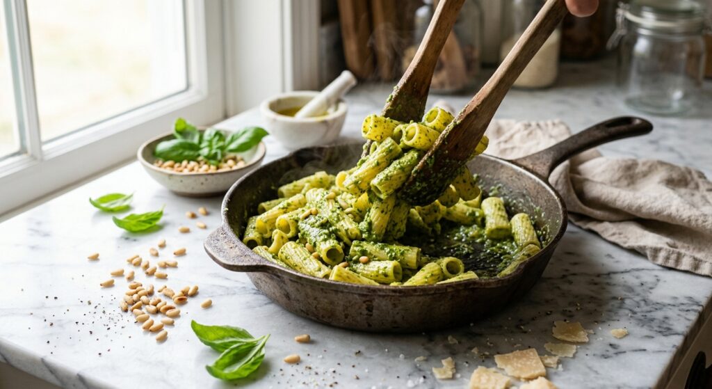 A professional food photography shot of fresh al dente pasta being tossed with vibrant green homemad