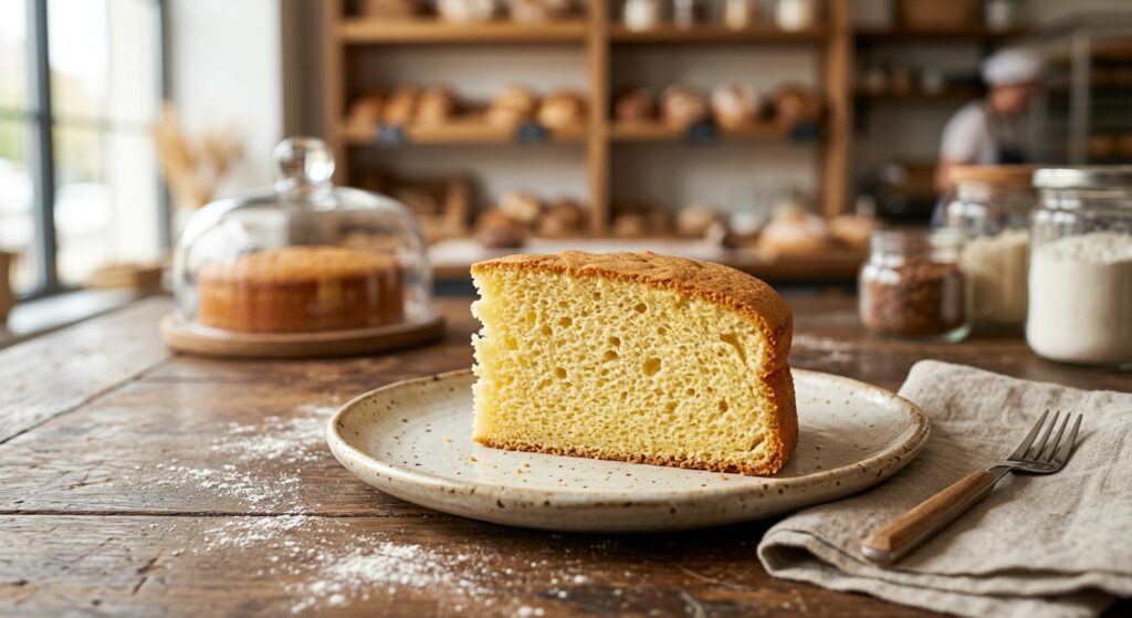 A professional food photography shot of a perfectly aerated, golden-brown sponge cake slice on a rus