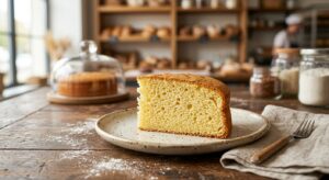 A professional food photography shot of a perfectly aerated, golden-brown sponge cake slice on a rus