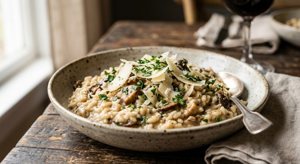A close-up, professional food photography shot of creamy Italian mushroom risotto served in a rustic