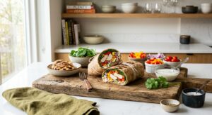 A high-angle, professional editorial photograph of a neatly folded tortilla wrap cut in half on a ru