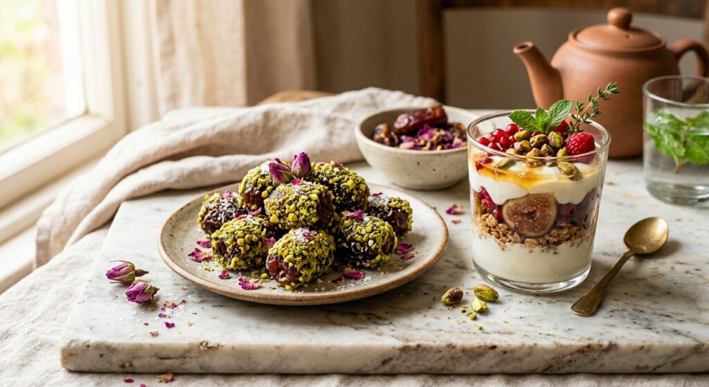 A beautifully styled, high-end editorial photograph of healthy Middle Eastern-inspired desserts, suc