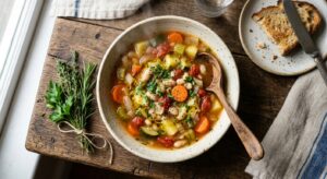 A professional, top-down editorial food photography shot of a steaming ceramic bowl of rustic vegeta