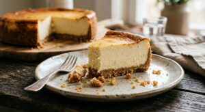 A professional, editorial-style close-up of a partially plated cheesecake with a crumbly, slightly s