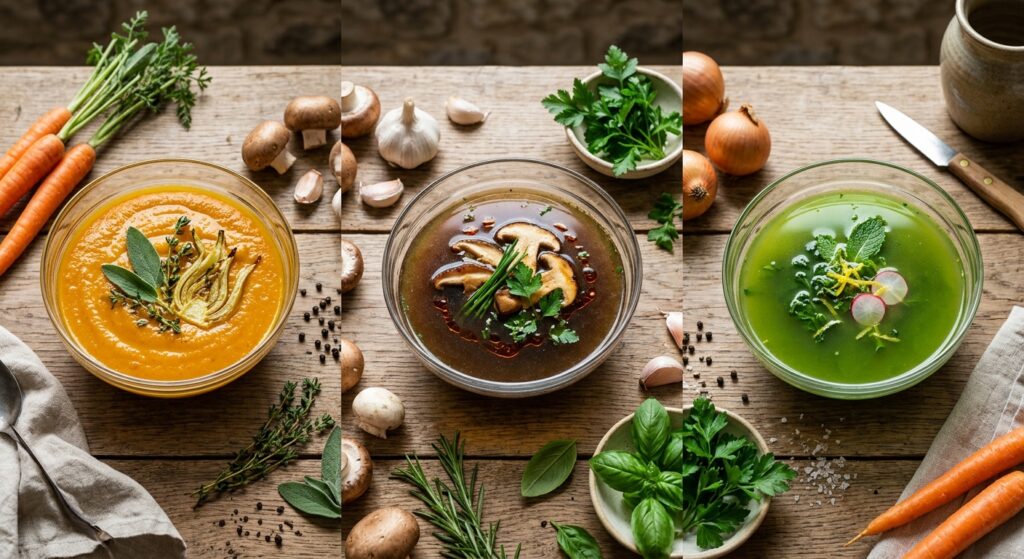 A top-down, editorial-style photograph featuring three different glass bowls of vibrant vegetable br