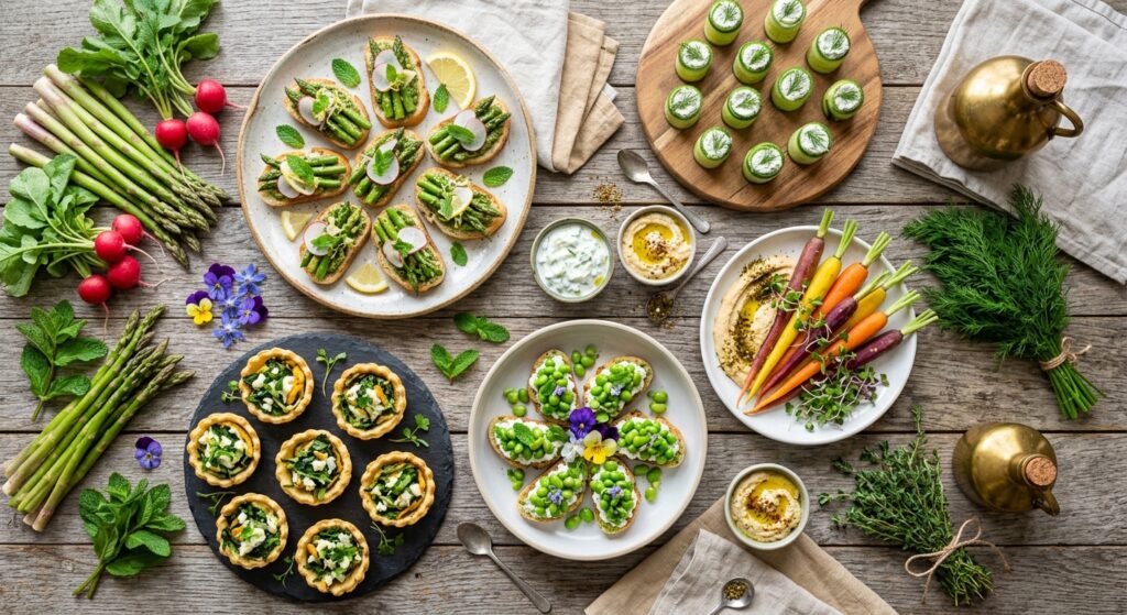 A professional, bright, editorial-style flat lay of colorful spring vegetable appetizers on a rustic
