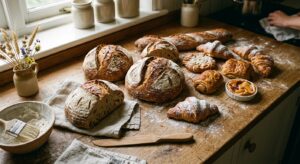 A professional, high-angle editorial photograph of freshly baked sourdough bread and golden pastries