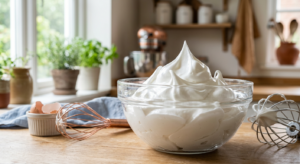 A high-end, professional culinary shot of stiff, glossy egg white peaks in a glass bowl, with a soft