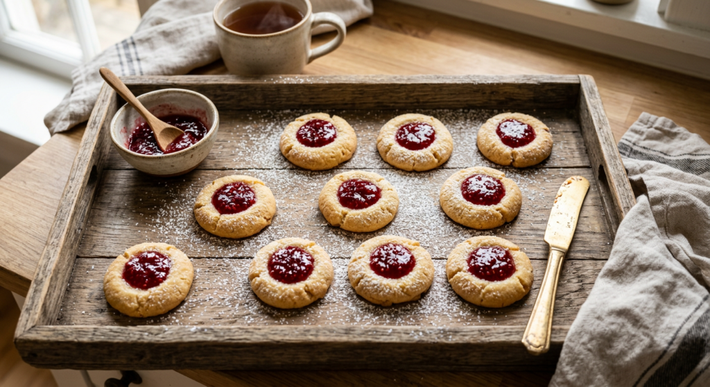 A professional, top-down editorial food photograph of golden-brown butter cookies with a glossy doll