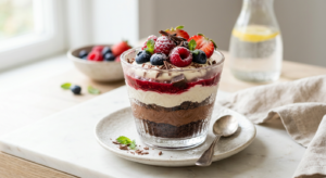 A professional, editorial-style close-up of a layered dessert in a delicate glass cup, garnished wit