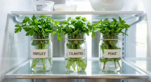 A professional, editorial-style close-up shot of vibrant, fresh herbs neatly organized in glass jars