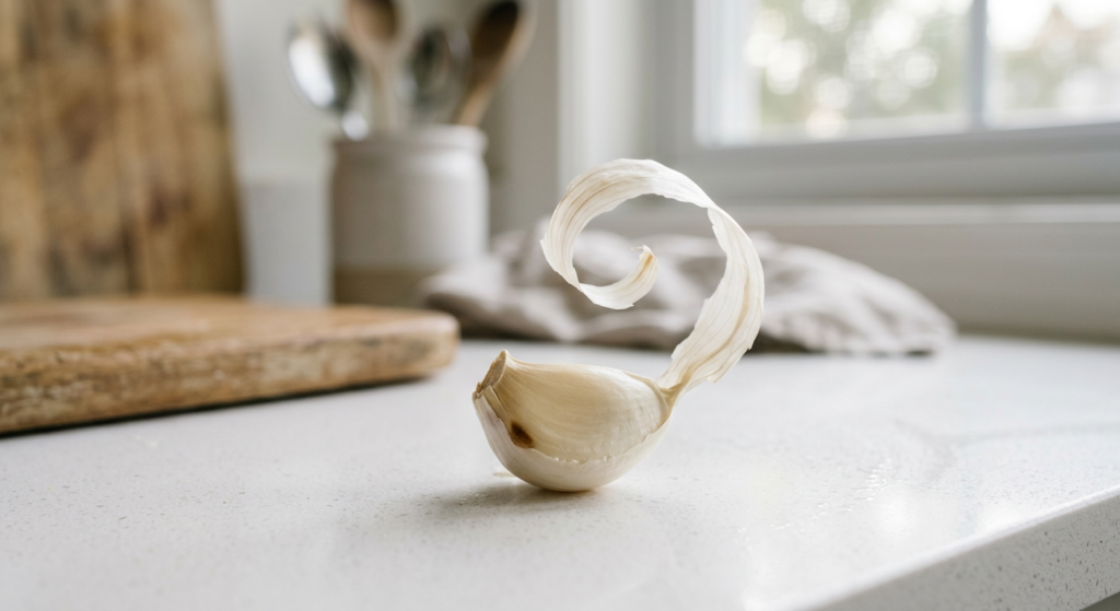 A high-quality, professional food editorial shot of a single clove of garlic effortlessly peeling it