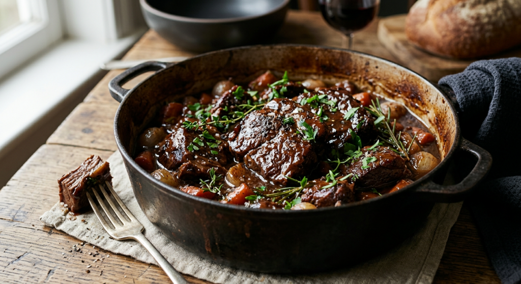 A high-angle, professional editorial photograph of succulent, fork-tender braised beef in a rich glo