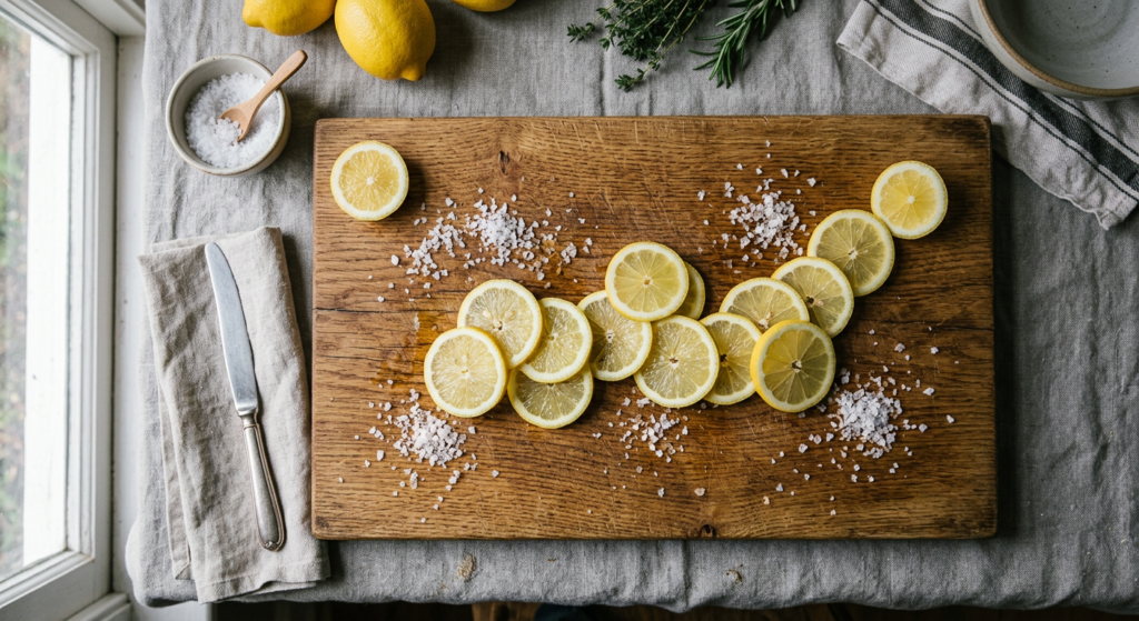 A top-down, editorial-style photograph of a clean wooden cutting board sprinkled with fresh lemon sl