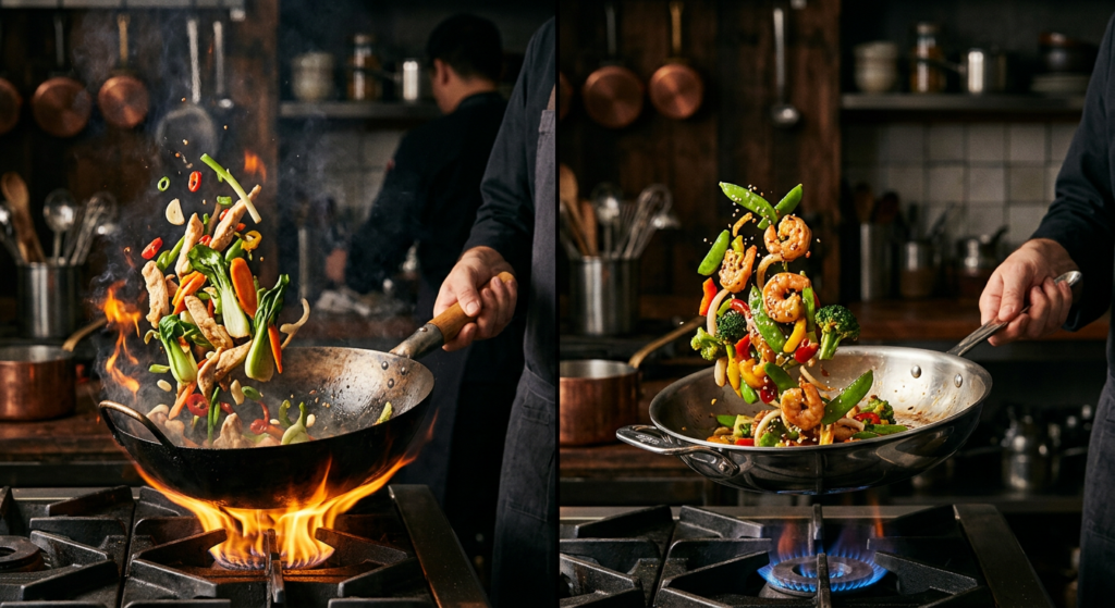 A high-end, editorial-style split composition showing a seasoned carbon steel wok with flames on the