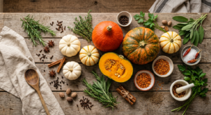 A professional, high-angle culinary shot of various vibrant pumpkins on a rustic wooden table surrou