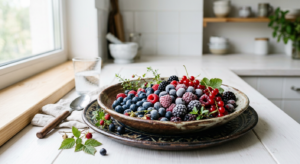 A professional editorial-style photograph featuring a vibrant, artistic arrangement of various fresh