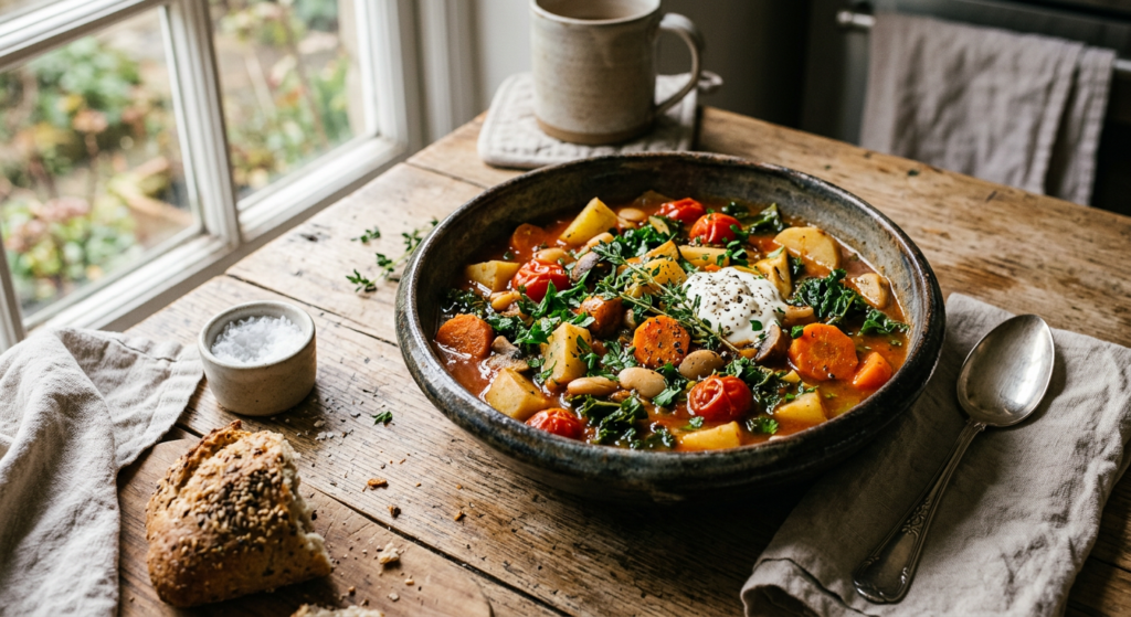 A professional, high-end editorial food photograph of a rustic ceramic bowl filled with a hearty, co