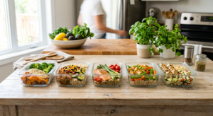 A high-quality, professional food editorial shot of healthy, budget-friendly meal prep containers fi