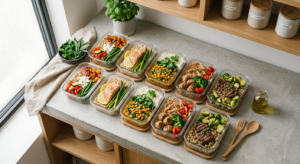 A professional, high-angle editorial shot of aesthetic meal prep containers filled with vibrant, bal