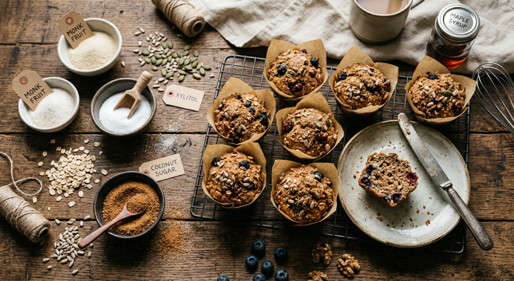 Top-down editorial shot of artisanal whole-grain muffins surrounded by scattered natural sweetener a