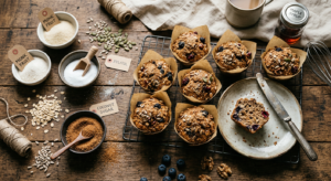 Top-down editorial shot of artisanal whole-grain muffins surrounded by scattered natural sweetener a