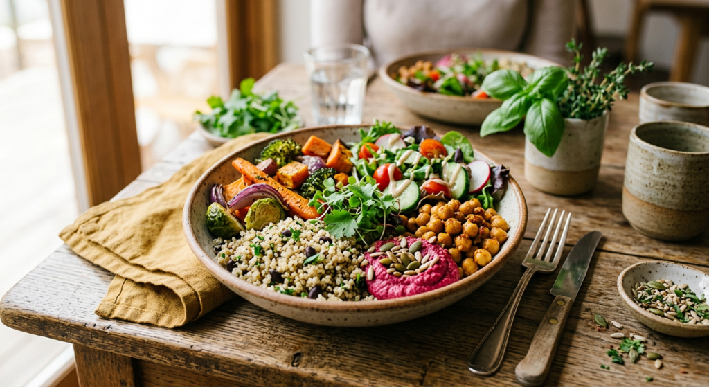 A high-angle, professional editorial photograph of a vibrant, colorful plant-based balanced meal on