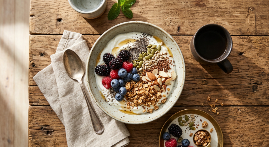A high-quality, editorial-style flat lay of a balanced, protein-rich breakfast bowl featuring Greek