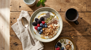 A high-quality, editorial-style flat lay of a balanced, protein-rich breakfast bowl featuring Greek