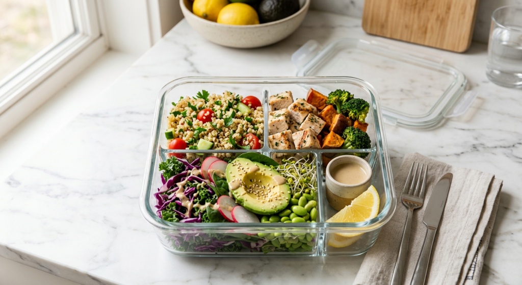 A high-angle professional food photography shot of a vibrant, healthy glass bento container filled w