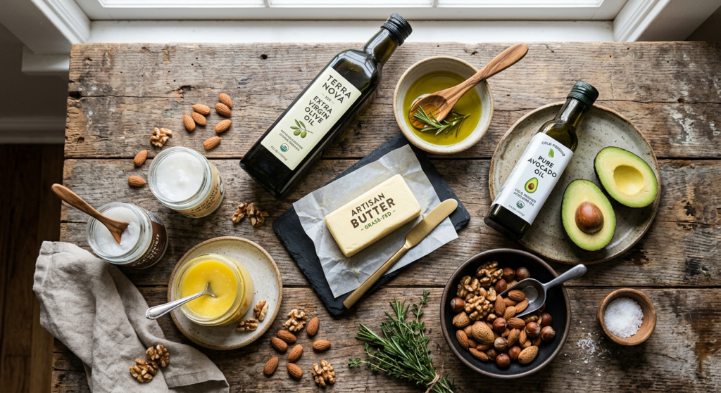 An editorial-style, top-down shot of various healthy cooking fats like olive oil, avocado, butter, a