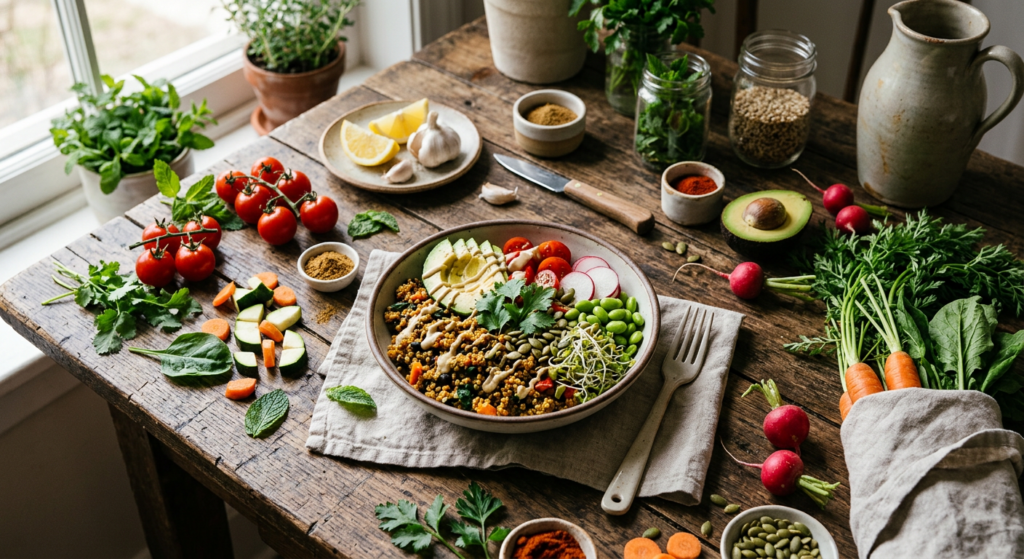 A high-angle, professional editorial shot of a vibrant, healthy meal featuring hidden vegetables, st