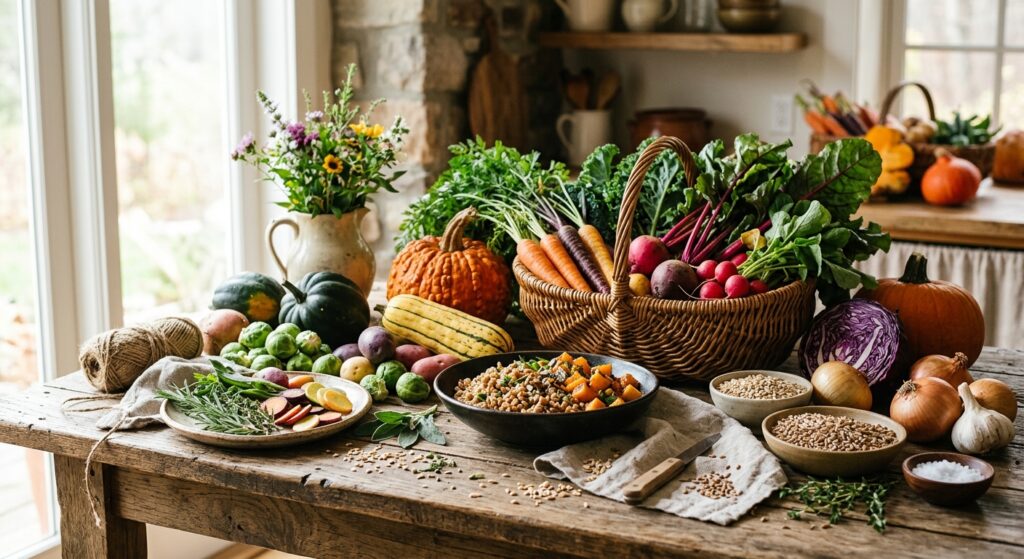 A high-end editorial food photography shot of a rustic wooden table filled with fresh, vibrant seaso