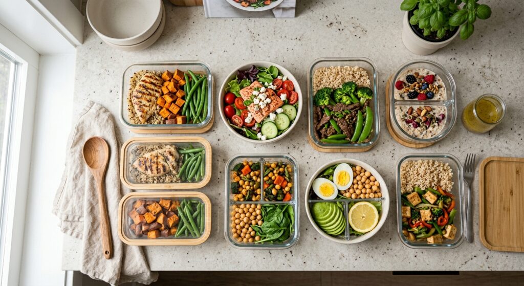 A neatly arranged flat-lay composition of diverse meal-prep containers filled with healthy ingredien