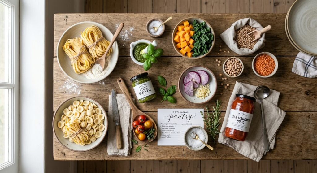 A professional, editorial-style flat lay shot of high-quality kitchen semi-finished products like pa