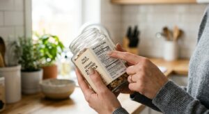 A high-quality, editorial-style close-up of a person’s hands carefully examining a nutrition label o