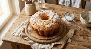 A professional, top-down editorial food photograph of a freshly baked, golden-brown yeast cake with