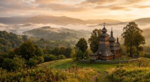 A professional editorial photograph of a picturesque, ancient wooden Orthodox church nestled in the