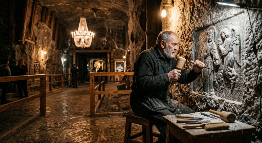 A high-quality, professional editorial photograph capturing a skilled artisan meticulously carving d