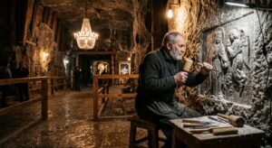 A high-quality, professional editorial photograph capturing a skilled artisan meticulously carving d