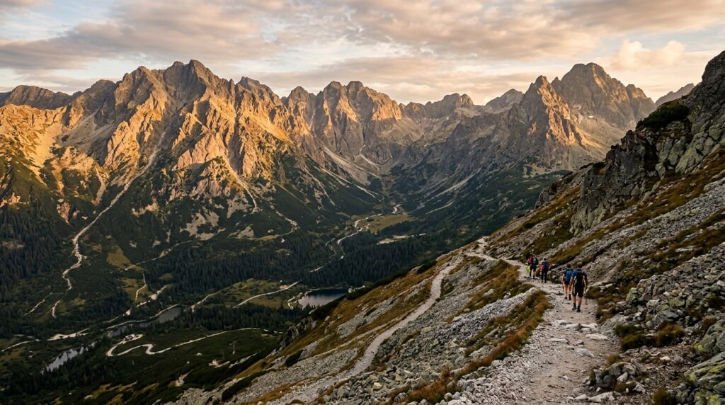 A breathtaking, high-quality editorial landscape view of jagged limestone peaks in the High Tatras d