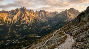 A breathtaking, high-quality editorial landscape view of jagged limestone peaks in the High Tatras d