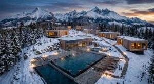 A high-angle, professional editorial shot of a steaming outdoor thermal pool surrounded by snow-cove